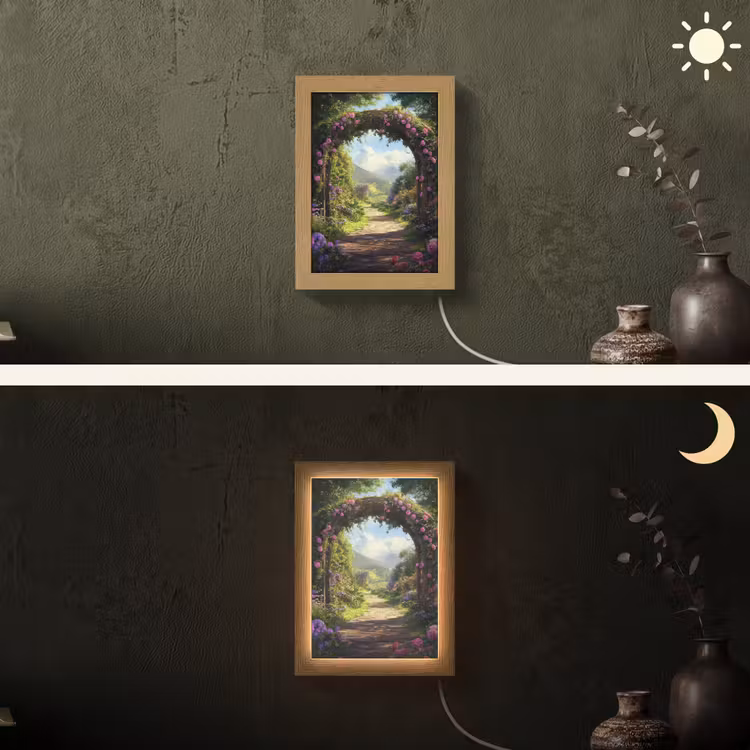 Doorkijk - Rozenboog - Uitzicht - Landschap - Bloemen Light Box met kabel (Wandlamp) klein -sfeer3