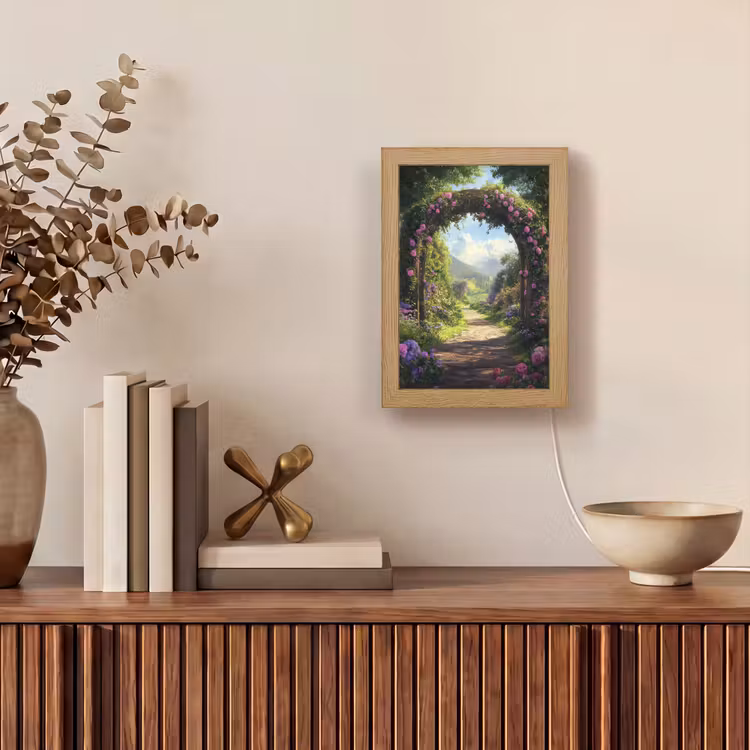 Doorkijk - Rozenboog - Uitzicht - Landschap - Bloemen Light Box met kabel (Wandlamp) klein -sfeer2