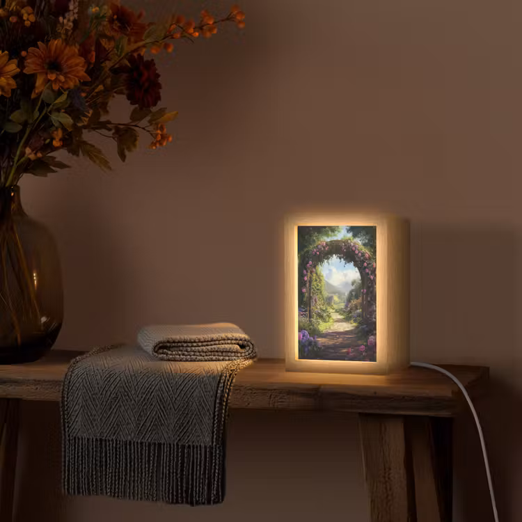 Doorkijk - Rozenboog - Uitzicht - Landschap - Bloemen Light Box met kabel (Wandlamp) klein -sfeer4