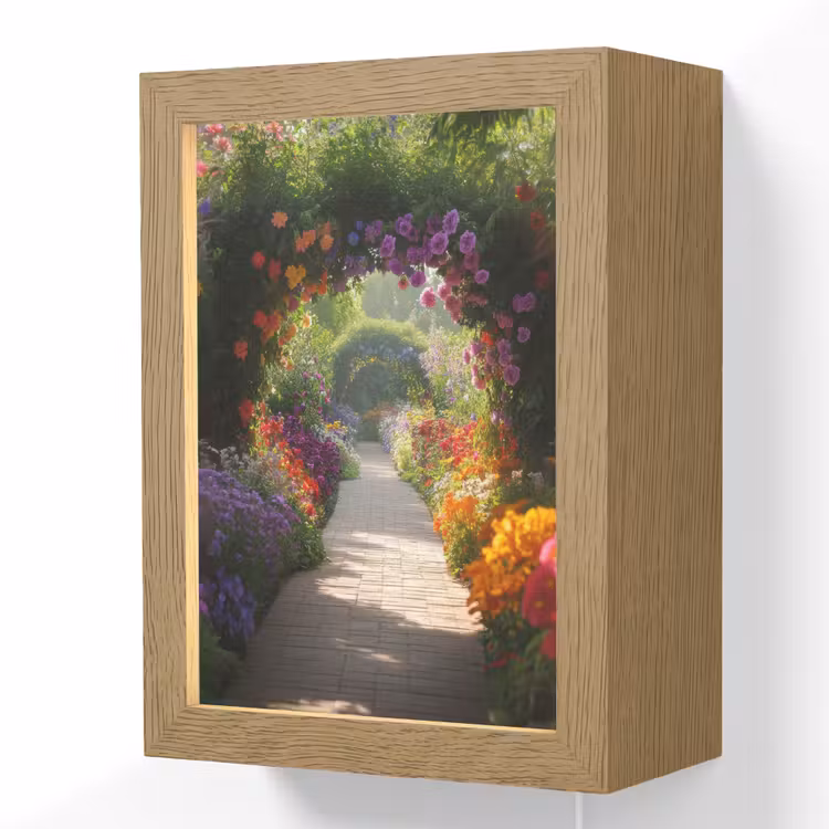 Doorkijk - Pad - Bloemen - Struik - Kleurrijk Light Box met kabel (Wandlamp) klein -3d