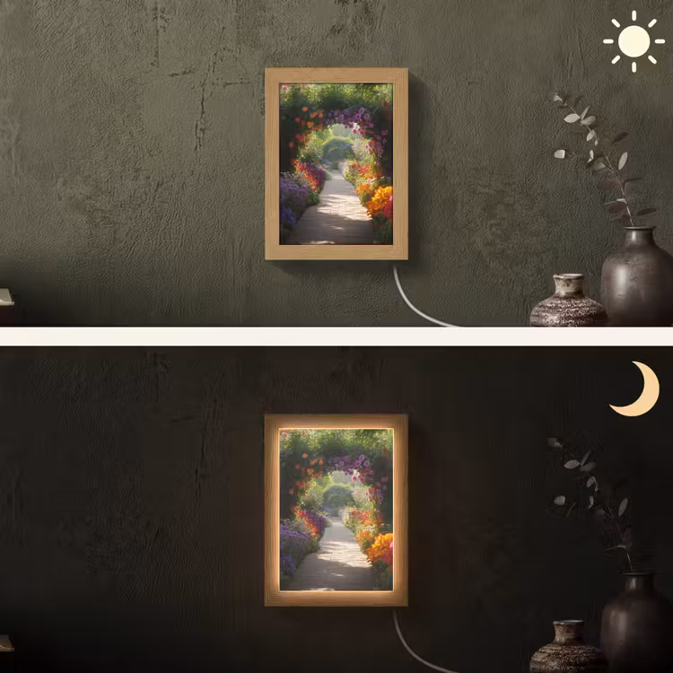 Doorkijk - Pad - Bloemen - Struik - Kleurrijk Light Box met kabel (Wandlamp) klein -sfeer3