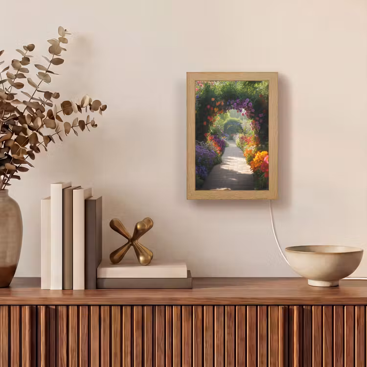 Doorkijk - Pad - Bloemen - Struik - Kleurrijk Light Box met kabel (Wandlamp) klein -sfeer2