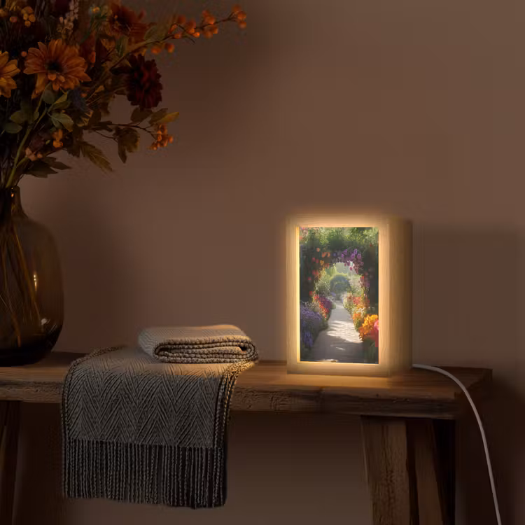 Doorkijk - Pad - Bloemen - Struik - Kleurrijk Light Box met kabel (Wandlamp) klein -sfeer4