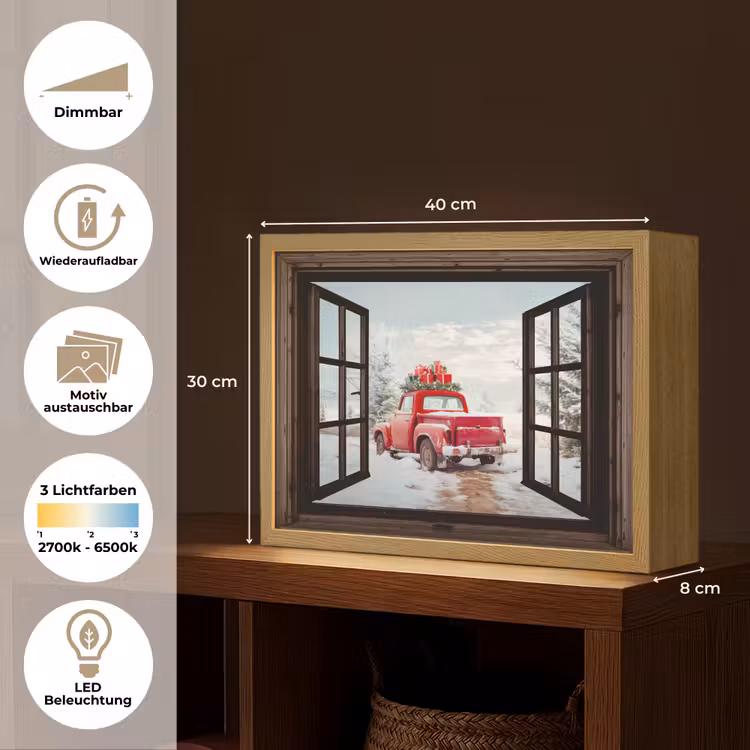 Doorkijk - Auto - Rood - Cadeaus - Winterlandschap - Kerst Light Box met batterij (Wandlamp) middel -USP_websiteoverzichtDE