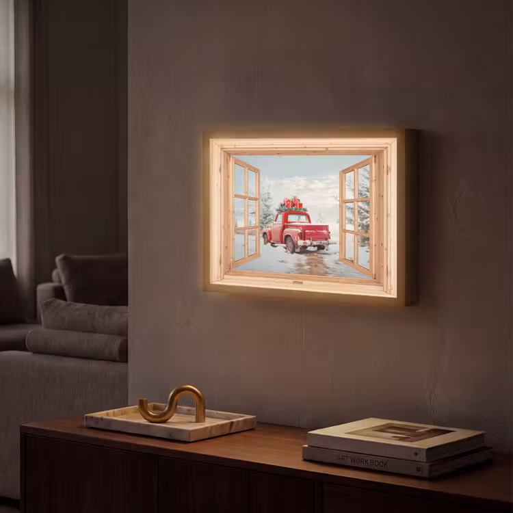 Doorkijk - Auto - Kerst - Cadeaus - Winter - Landschap Light Box met batterij (Wandlamp) middel -sfeer1