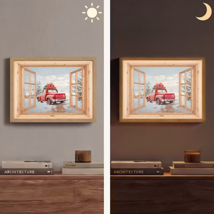 Doorkijk - Auto - Kerst - Cadeaus - Winter - Landschap Light Box met batterij (Wandlamp) middel -sfeer3