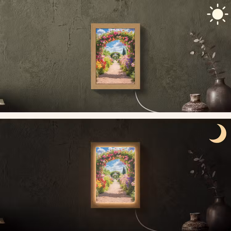 Doorkijk - Bloemen - Kleurrijk - Natuur Light Box met kabel (Wandlamp) klein -sfeer3