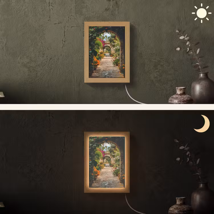 Doorkijk - Bloemen - Poort - Stenen Light Box met kabel (Wandlamp) klein -sfeer3