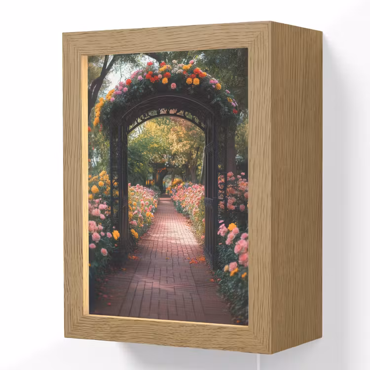 Doorkijk - Bloemen - Pad - Natuur - Kleurrijk Light Box met kabel (Wandlamp) klein -3d