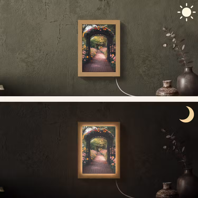 Doorkijk - Bloemen - Pad - Natuur - Kleurrijk Light Box met kabel (Wandlamp) klein -sfeer3