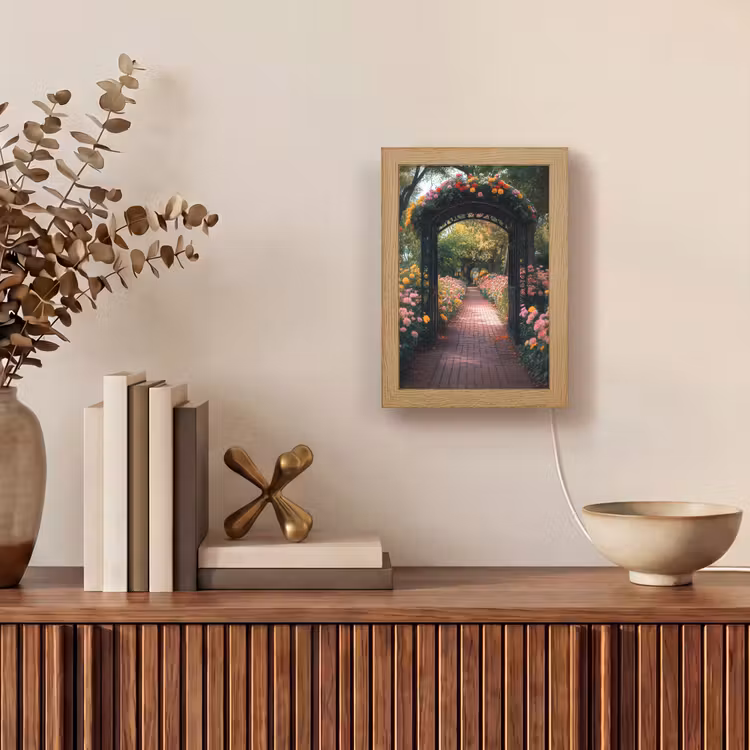 Doorkijk - Bloemen - Pad - Natuur - Kleurrijk Light Box met kabel (Wandlamp) klein -sfeer2