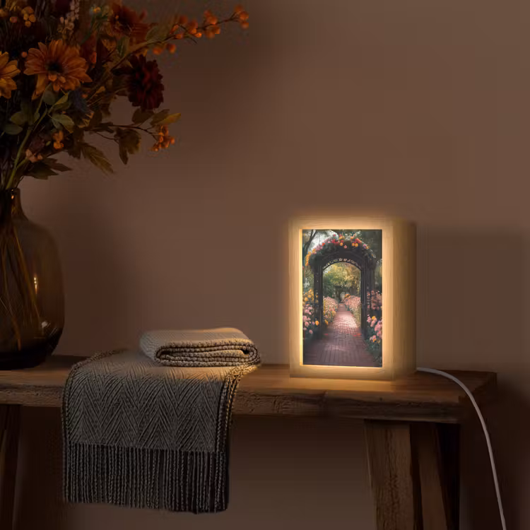 Doorkijk - Bloemen - Pad - Natuur - Kleurrijk Light Box met kabel (Wandlamp) klein -sfeer4