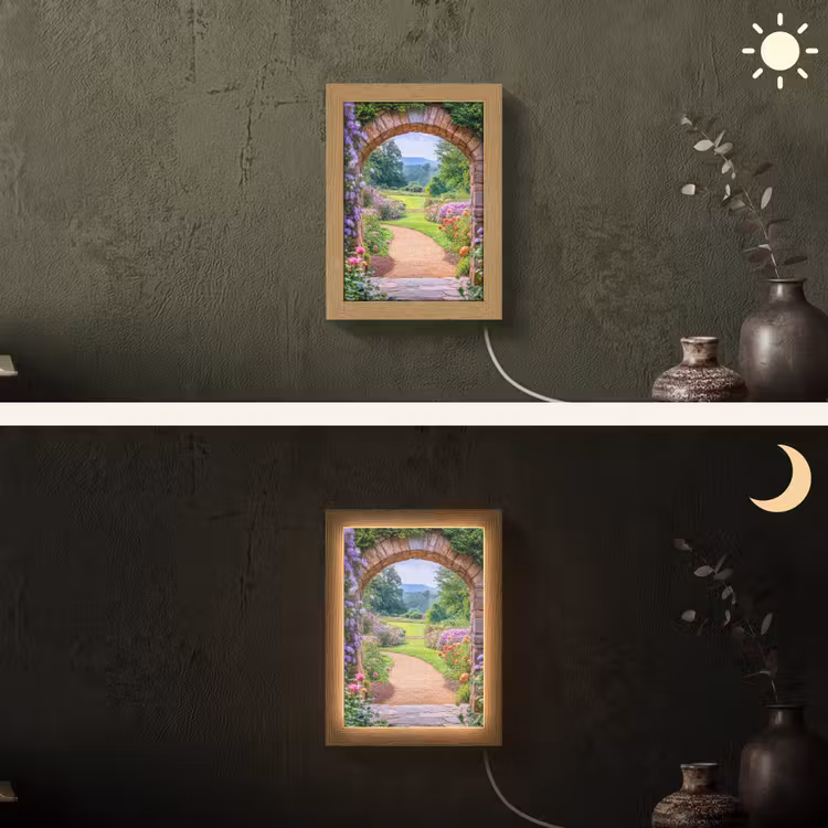 Doorkijk - Poort - Bloemen - Tuin Light Box met kabel (Wandlamp) klein -sfeer3