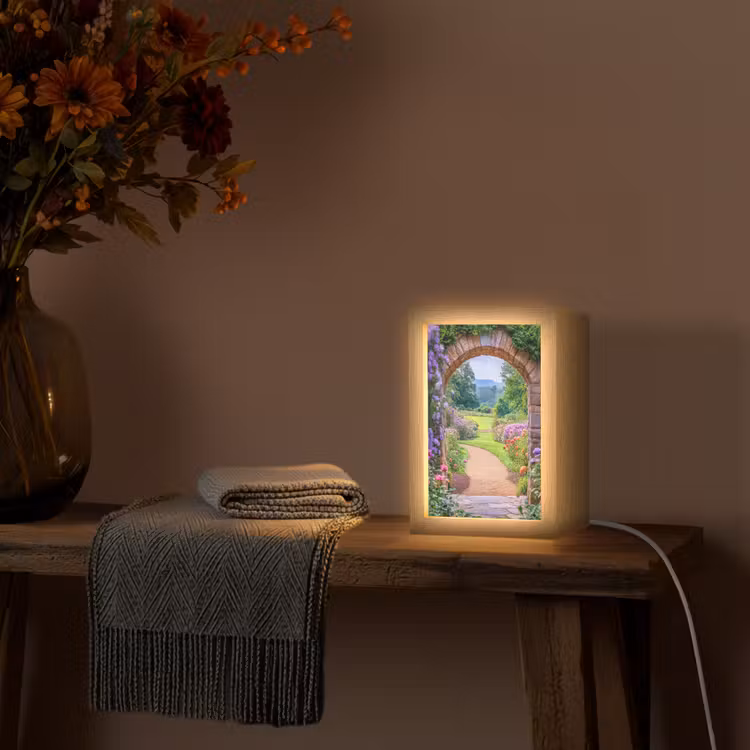 Doorkijk - Poort - Bloemen - Tuin Light Box met kabel (Wandlamp) klein -sfeer4