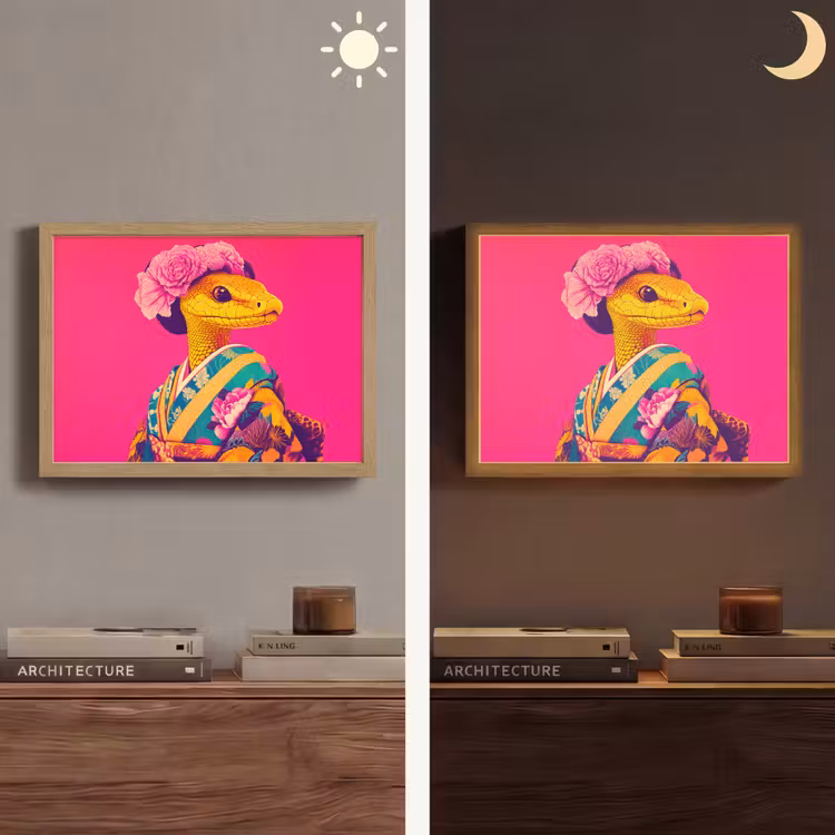 Hagedis - Bloemen - Roze - Kimono Light Box met batterij (Wandlamp) middel -sfeer3