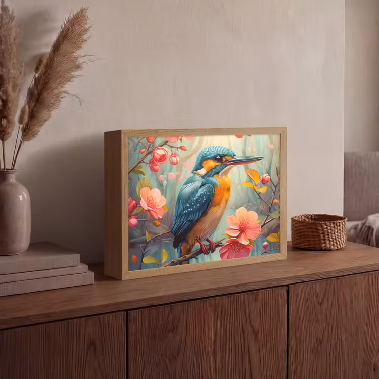 IJsvogel - Bloesem - Natuur - Vogels - Bloemen Light Box met batterij (Wandlamp) middel -sfeer2