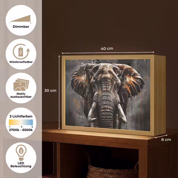 Olifant - Watercolor - Wilde dieren - Luxe Light Box met batterij (Wandlamp) middel -USP_websiteoverzichtDE