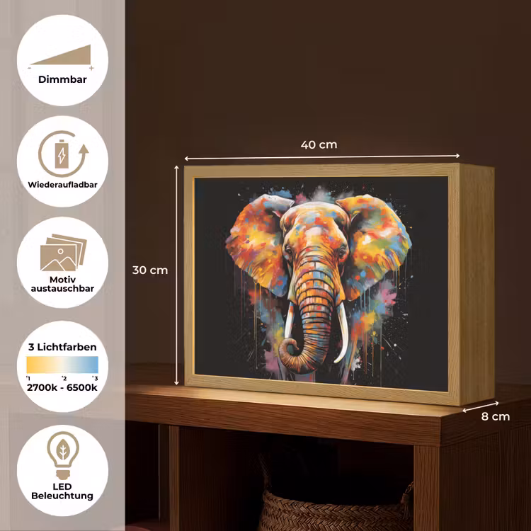Olifant - Graffiti - Zwart - Dieren - Kleuren Light Box met batterij (Wandlamp) middel -USP_websiteoverzichtDE