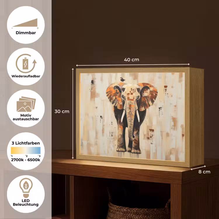 Olifant - Slurf - Mozaïek - Abstract Light Box met batterij (Wandlamp) middel -USP_websiteoverzichtDE