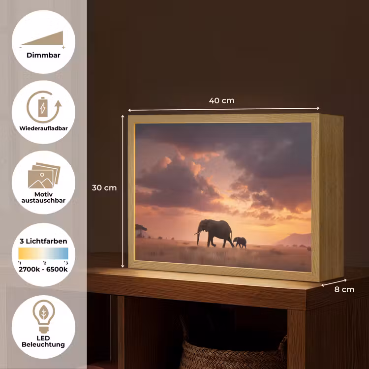 Olifanten - Grasland - Zonsondergang Light Box met batterij (Wandlamp) middel -USP_websiteoverzichtDE