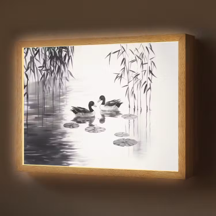 Eenden - Waterlelies - Riet - Zwart Light Box met batterij (Wandlamp) middel -z3d_website