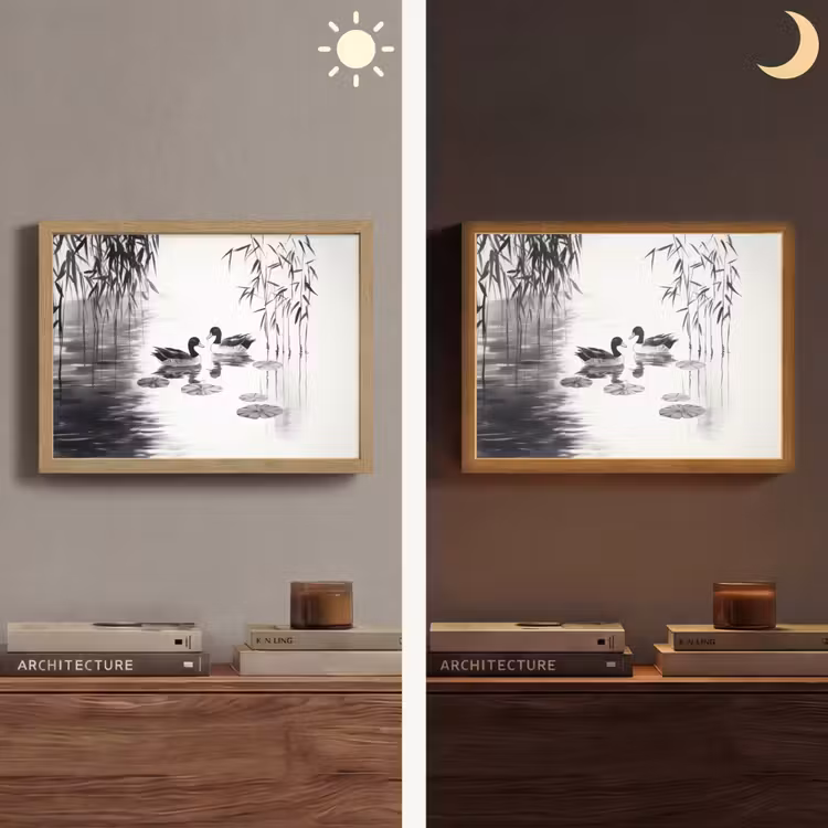 Eenden - Waterlelies - Riet - Zwart Light Box met batterij (Wandlamp) middel -sfeer3