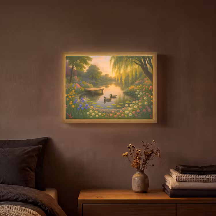 Eenden - Vijver - Bloemen Light Box met batterij (Wandlamp) middel -sfeer4