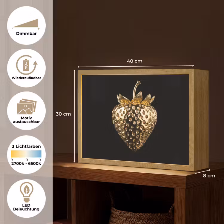 Aardbei - Goud - Zwart - Chrome Light Box met batterij (Wandlamp) middel -USP_websiteoverzichtDE