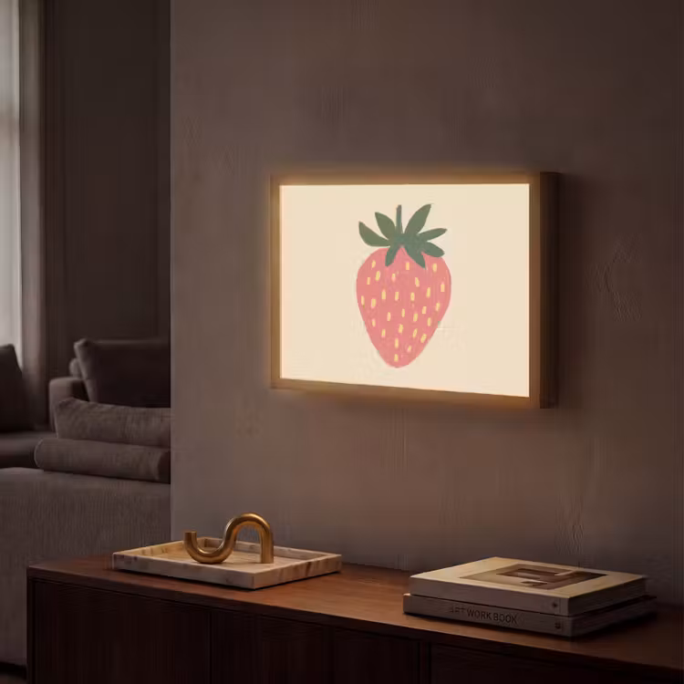 Aardbei - Minimalistisch - Rood - Fruit Light Box met batterij (Wandlamp) middel -sfeer1