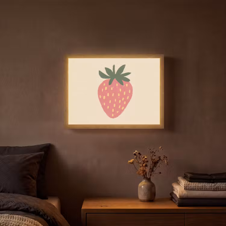 Aardbei - Minimalistisch - Rood - Fruit Light Box met batterij (Wandlamp) middel -sfeer4