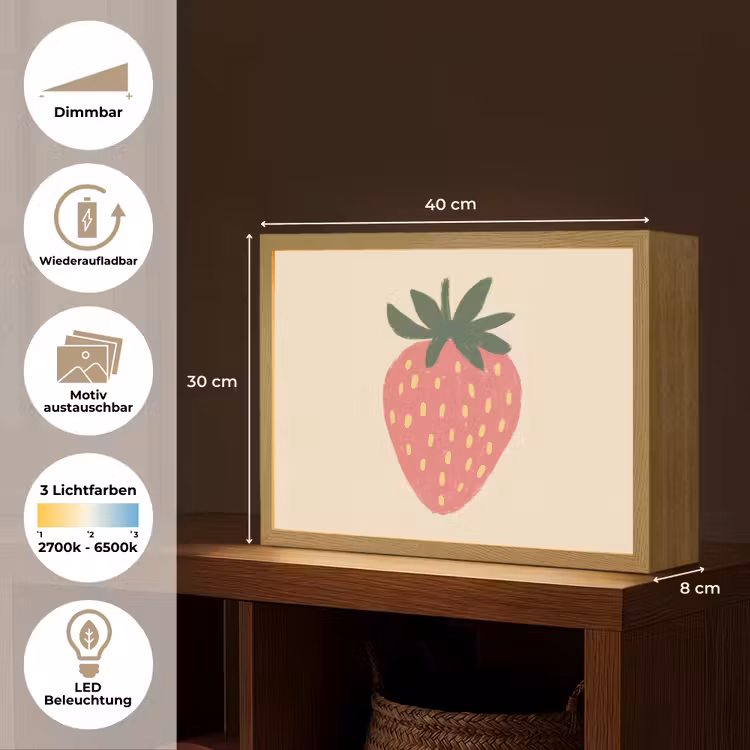 Aardbei - Minimalistisch - Rood - Fruit Light Box met batterij (Wandlamp) middel -USP_websiteoverzichtDE