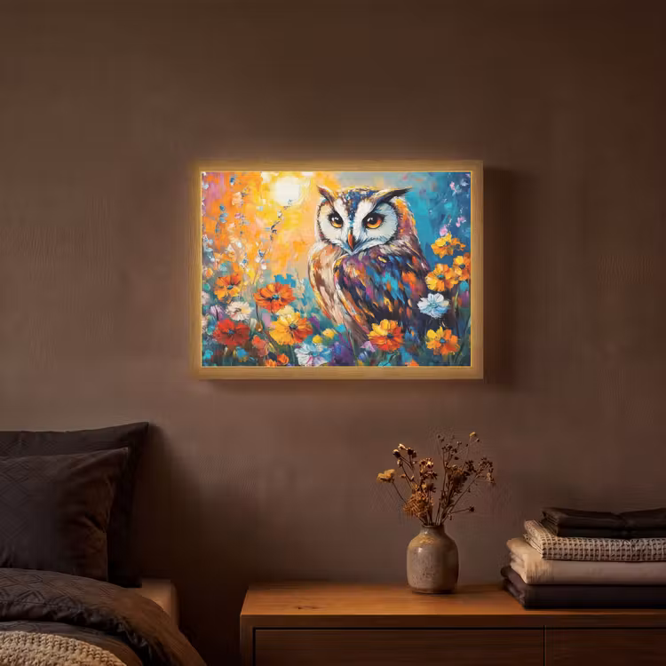 Uil - Bloemen - Kunst - Zonsondergang Light Box met batterij (Wandlamp) middel -sfeer4