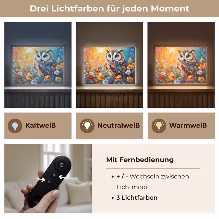 Uil - Bloemen - Kunst - Zonsondergang Light Box met batterij (Wandlamp) middel -USP_lichtkleurDE