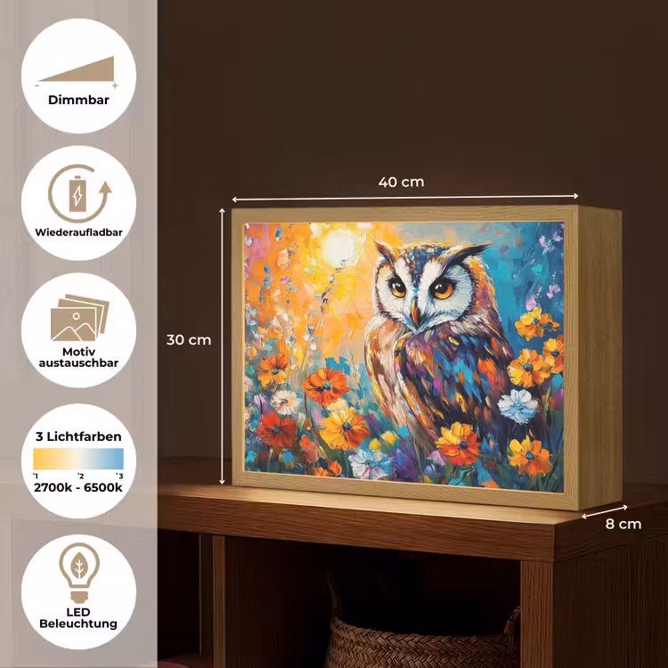 Uil - Bloemen - Kunst - Zonsondergang Light Box met batterij (Wandlamp) middel -USP_websiteoverzichtDE