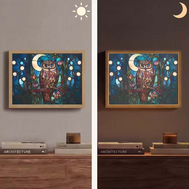 Uil - Mozaïek - Maan - Nacht Light Box met batterij (Wandlamp) middel -sfeer3