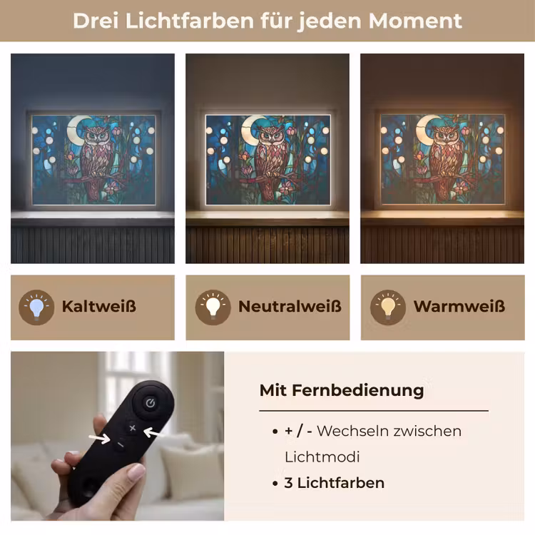 Uil - Mozaïek - Maan - Nacht Light Box met batterij (Wandlamp) middel -USP_lichtkleurDE