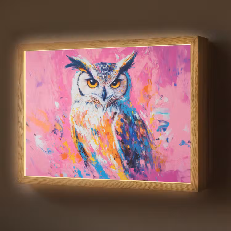 Uil - Roze - Blauw - Verf - Abstract Light Box met batterij (Wandlamp) middel -z3d_website