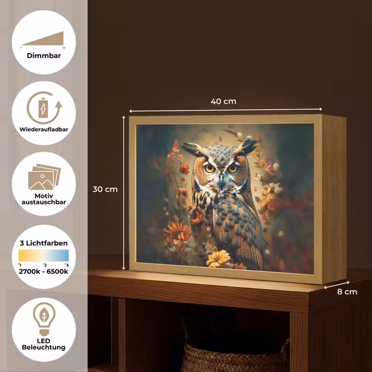 Uil - Vogel - Bloemen - Planten - Botanisch Light Box met batterij (Wandlamp) middel -USP_websiteoverzichtDE