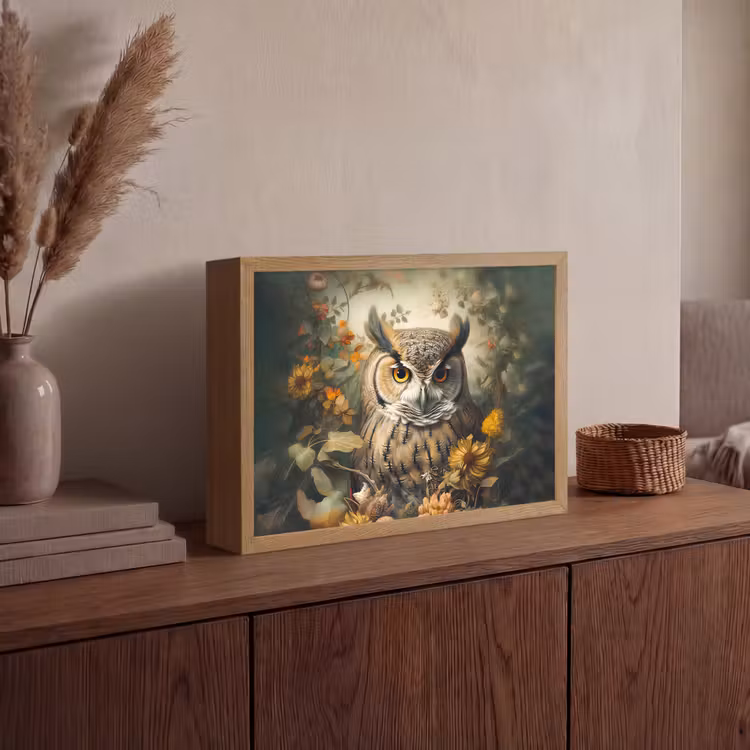 Uil - Vogels - Bloemen - Natuur Light Box met batterij (Wandlamp) middel -sfeer2
