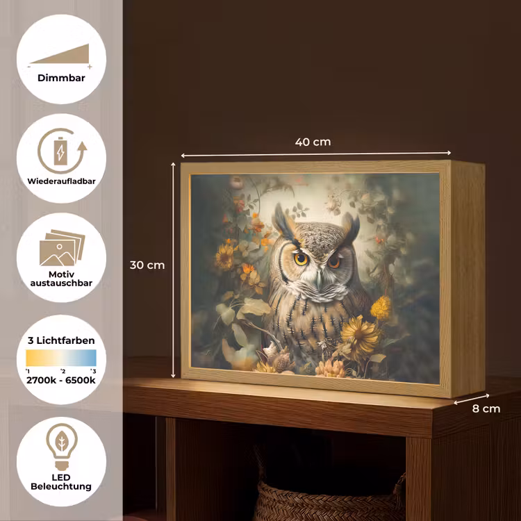 Uil - Vogels - Bloemen - Natuur Light Box met batterij (Wandlamp) middel -USP_websiteoverzichtDE