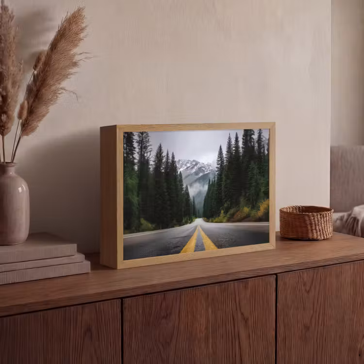 Sparrenbos - Weg - Bergen - Sneeuw Light Box met batterij (Wandlamp) middel -sfeer2