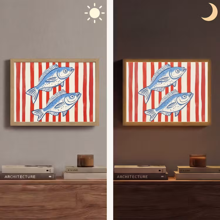 Vissen - Verticale strepen - Blauw - Rood Light Box met batterij (Wandlamp) middel -sfeer3