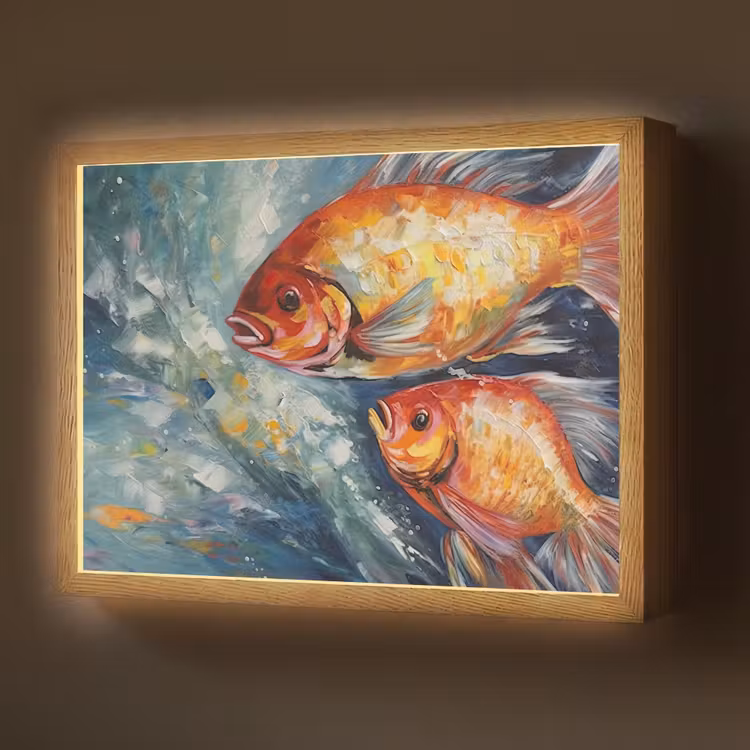 Vissen - Water - Dieren - Kunst - Olieverf Light Box met batterij (Wandlamp) middel -z3d_website