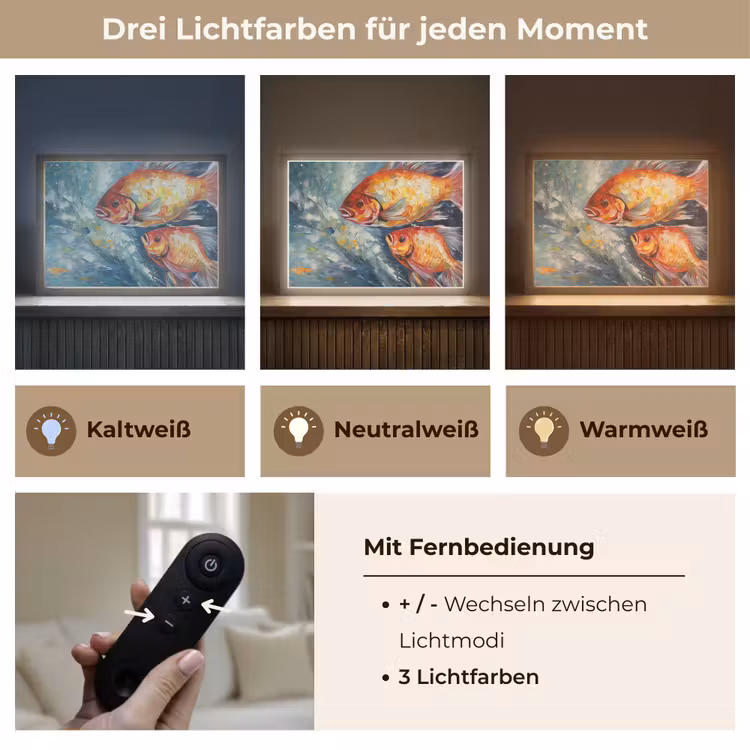 Vissen - Water - Dieren - Kunst - Olieverf Light Box met batterij (Wandlamp) middel -USP_lichtkleurDE
