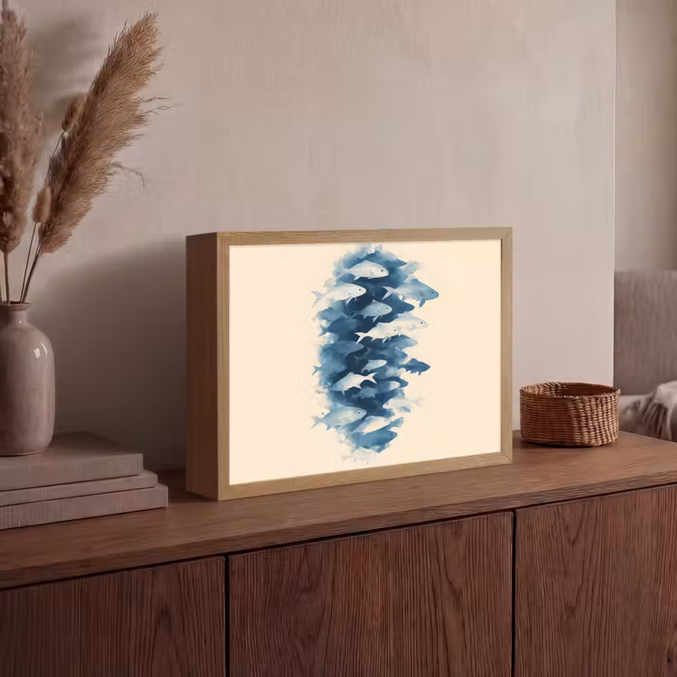 Vissen - Minimalistisch - Blauw Light Box met batterij (Wandlamp) middel -sfeer2