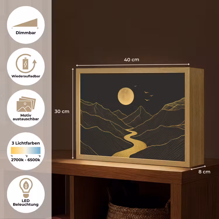 Rivier - Goud - Maan - Vogels Light Box met batterij (Wandlamp) middel -USP_websiteoverzichtDE