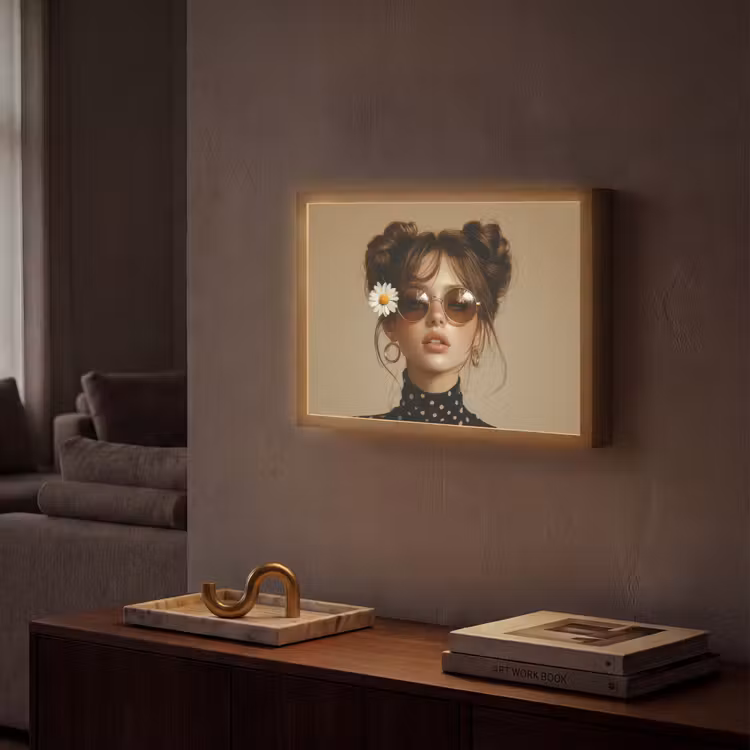 Vrouw - Beige - Bloem - Modern - Portret Light Box met batterij (Wandlamp) middel -sfeer1