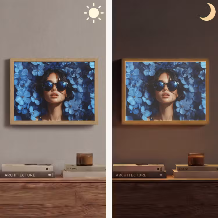 Vrouw - Blauw - Bloemen - Vlinders - Natuur Light Box met batterij (Wandlamp) middel -sfeer3