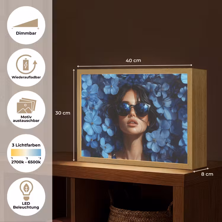 Vrouw - Blauw - Bloemen - Vlinders - Natuur Light Box met batterij (Wandlamp) middel -USP_websiteoverzichtDE