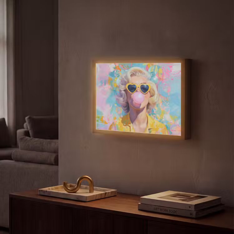 Vrouw - Blond - Roze kauwgom - Kleurrijk - Pastel Light Box met batterij (Wandlamp) middel -sfeer1